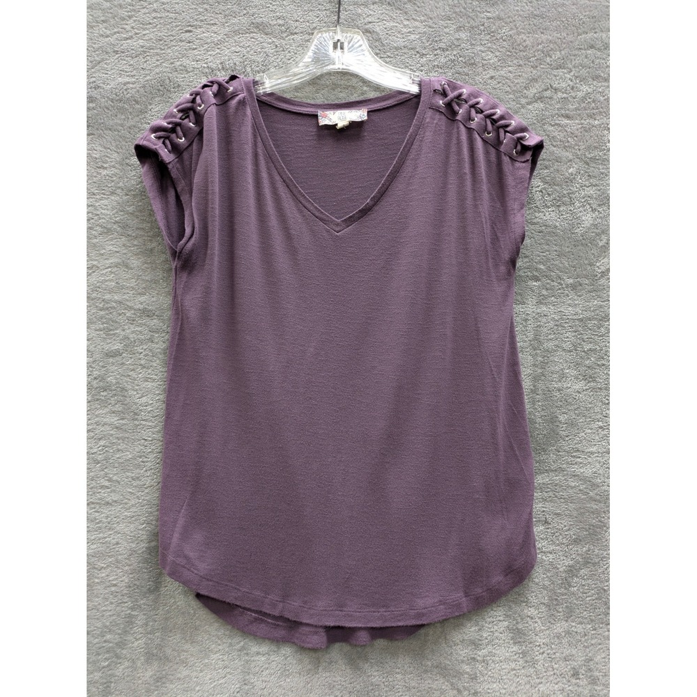 Boho Lace Up‎ Shoulder Top Womens Small Purple VNeck Short Sleeve Grommet